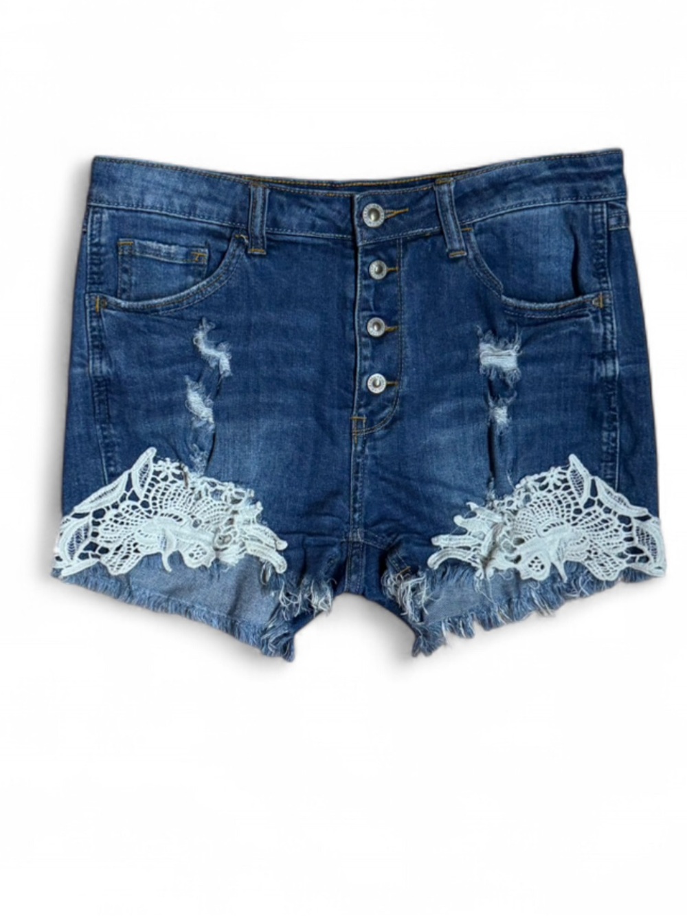 I & M Jeans High-Rise Lace Inset Distressed Denim Shorts - Size L